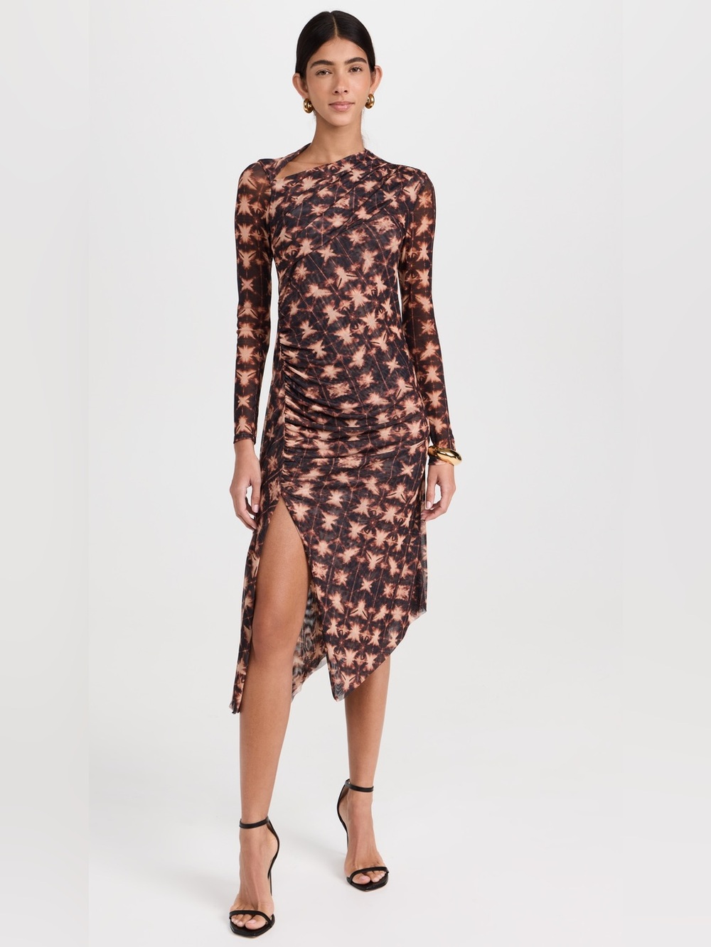 Misa Los Angeles Black and Brown Asymmetrical Long-Sleeve Ruched Dress‎